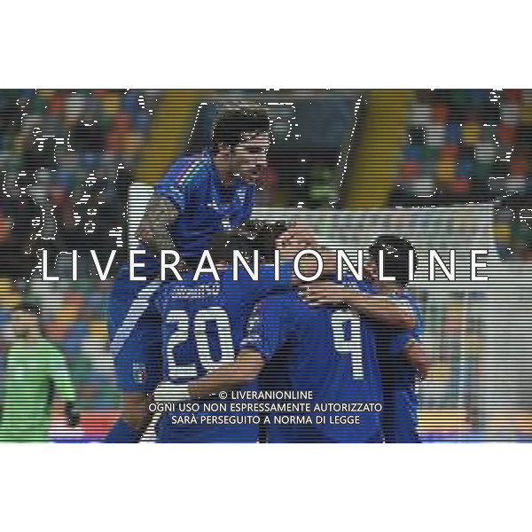 TVRG Italia vs Israele nella foto giocatori Italia esultanza dopo il gol dell\'1 a 0 Udine 14-10-2025 Stadio Friuli Italia vs Israele Qualificazioni Mondiali 2026 Gruppo I - 8a giornata foto Roberto Garavaglia/Agenzia Aldo Liverani sas