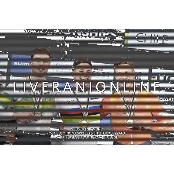 23-10-2025 World Championships Elite Track; Giornata 02; 2025, Olanda; 2025, Australia; Lavreysen, Harrie; Hoffman, Leigh; Hoogland, Jeffrey; Santiago Del Cile - Velodromo Penalolen; ©SIROTTI - AGENZIA ALDO LIVERANI SAS