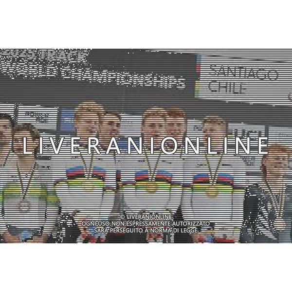 23-10-2025 World Championships Elite Track; Giornata 02; 2025, Danimarca; Hansen, Tobias; Larsen, Niklas; Madsen, Frederik; Pedersen, Rasmus; Leth, Lasse; Santiago Del Cile - Velodromo Penalolen; ©SIROTTI - AGENZIA ALDO LIVERANI SAS