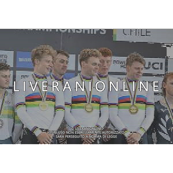 23-10-2025 World Championships Elite Track; Giornata 02; 2025, Danimarca; Hansen, Tobias; Larsen, Niklas; Madsen, Frederik; Pedersen, Rasmus; Leth, Lasse; Santiago Del Cile - Velodromo Penalolen; ©SIROTTI - AGENZIA ALDO LIVERANI SAS