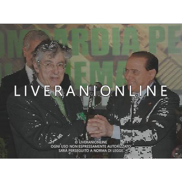 Milano 27 febbraio 2006 Inaugurazione cantiere di restauro Manifattura Tabacchi a Milano destinato a ospitare la Citta\' del Cinema Lombardia nella foto: Berlusconi Silvio e Bossi Umberto foto Andry / Ag. Aldo Liverani