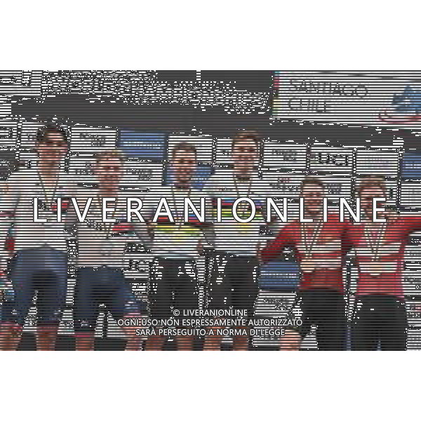 26-10-2025 World Championships Elite Track; Giornata 05; 2025, Belgium; 2025, Great Britain; 2025, Danimarca; De Wylder, Lindsay; Van De Bossche, Fabio; Stewart, Mark; Tarling, Joshua; Larsen, Niklas; Leth, Lasse; Santiago Del Cile - Velodromo Penalolen; ©SIROTTI - AGENZIA ALDO LIVERANI SAS