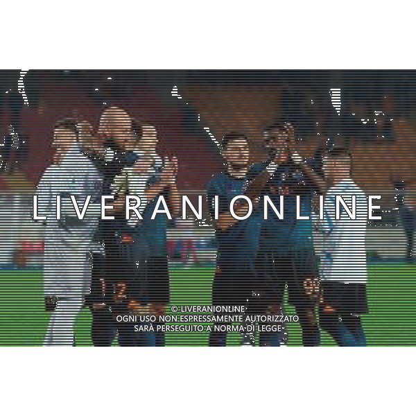 TVEM October 28, 2025 Lecce, Italy - US Lecce vs SSC Napoli - Italian soccer serie A 2025/26 - Via Del Mare Stadium. In the pic: Vanja Milinkovic Savic of SSC Napoli, Giovanni Di Lorenzo of SSC Napoli, Eljif Elmas of SSC Napoli and Frank Anguissa of SSC Napoli celebrates the victory ©TVEM Emmanuele Mastrodonato - AGENZIA ALDO LIVERANI SAS