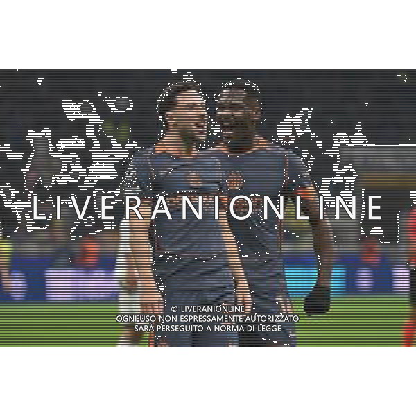 Inter vs Kairat Almaty nella foto Carlos Augusto (Inter) e Ange-Yoan Bonny (Inter) esultanza dopo il gol del 2 a 1 Milano 05-11-2025 Stadio Giuseppe Meazza - San Siro Inter vs Kairat Almaty UEFA Champions League fase a girone unico - 4a giornata foto Roberto Garavaglia/Agenzia Aldo Liverani sas