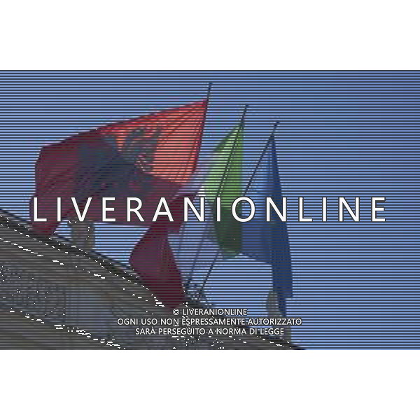 Roma 13 Novembre 2025 Il Presidente del Consiglio Giorgia Meloni partecipa al I Vertice Intergovernativo Italia-Albania. Nella Foto: Bandiera Italiana, albanese e dell’unione europea Foto Credit: Andrea Bracaglia- AGENZIA ALDO LIVERANI SAS