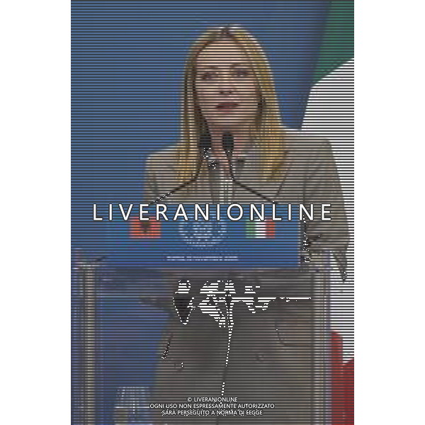 Roma 13 Novembre 2025 Conferenza stampa del Presidente del Consiglio Giorgia Meloni e del Primo Ministro Albanese Edi Rama a seguito del Primo Vertice Intergovernativo tra Italia ed Albania. Nella Foto: Giorgia Meloni Foto Credit: Andrea Bracaglia- AGENZIA ALDO LIVERANI SAS