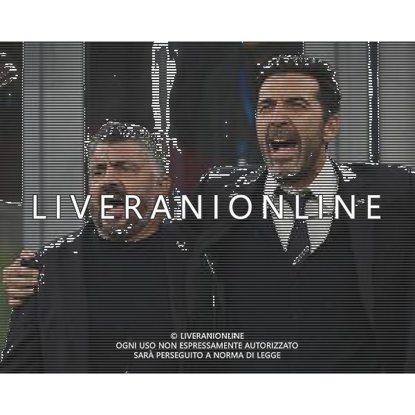 Italia vs Norvegia nella foto Gennaro Gattuso allenatore Italia SX e Gianluigi Buffon capo delegazione Italia DX Milano 16-11-2025 Stadio Giuseppe Meazza - San Siro Italia vs Norvegia Qualificazioni Mondiali 2026 Gruppo I - 10a giornata foto Roberto Garavaglia/Agenzia Aldo Liverani sas