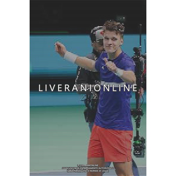 TVRCOR 20-11-2025 – 2025 Davis Cup Finals - Final Eight Bologna (BO) – SuperTennis Arena di BolognaFiere – Spagna vs Repubblica Ceca nella foto esultanza Jakub MENSIK (CZE) dopo la vittoria ©TVRCOR Roberta Corradin - AG ALDO LIVERANI SAS