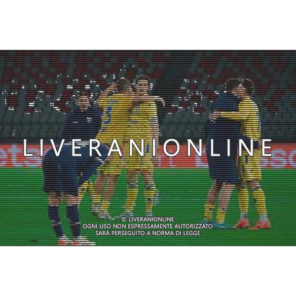 TVEM November 22, 2025 Bari, Italy - SSC Bari vs Frosinone Calcio - Italian Soccer Serie B 2025/2026 - San Nicola Stadium. In the pic: players of Frosinone Calcio celebrates the victory -TVEM Emmanuele Mastrodonato - AGENZIA ALDO LIVERANI SAS