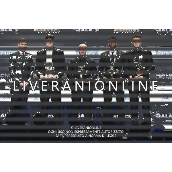 TVRG Gala Calcio 2025 nella foto da SX Alessandro Costacurta, poi i premiati Alessandro Bastoni (Inter), Federico Dimarco (Inter), Denzel Dumfries (Inter) e Amir Rrahmani (Napoli) Milano 01-12-2025 Gran Gala del Calcio 2025, l\'appuntamento organizzato dall\'AIC Associazione Italiana Calciatori per premiare i protagonisti della stagione 2024-2025 foto Roberto Garavaglia/ag. Aldo Liverani sas