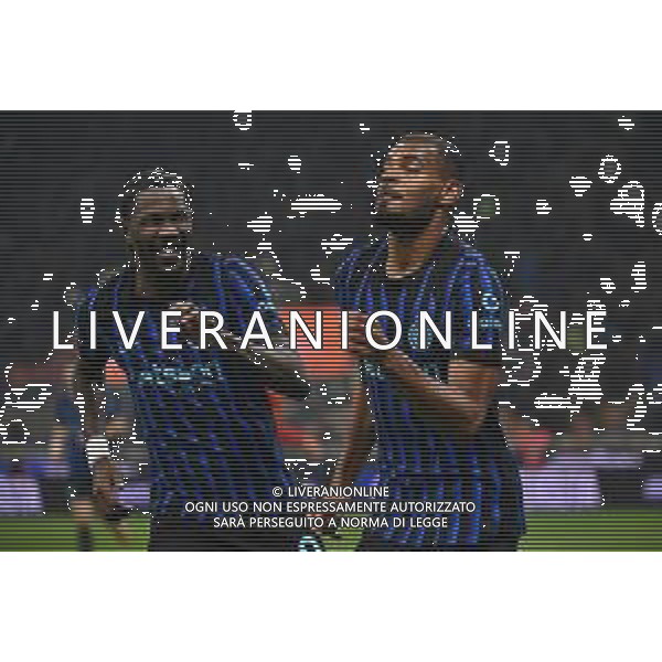 Inter vs Venezia nella foto Marcus Thuram (Inter) e Andy Diouf (Inter) esultanza dopo il gol dell\'1 a 0 Milano 03-12-2025 Stadio Giuseppe Meazza - San Siro Inter vs Venezia Coppa Italia Frecciarossa - ottavi di finale foto Roberto Garavaglia/Agenzia Aldo Liverani sas