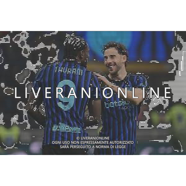 Inter vs Venezia nella foto Marcus Thuram (Inter) e Carlos Augusto (Inter) esultanza dopo il gol del 4 a 0 Milano 03-12-2025 Stadio Giuseppe Meazza - San Siro Inter vs Venezia Coppa Italia Frecciarossa - ottavi di finale foto Roberto Garavaglia/Agenzia Aldo Liverani sas