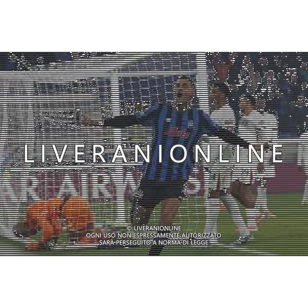 Gianluca Scamacca of Atalanta BC celebrates after scoring goal during Atalanta BC vs Chelsea FC, Champions League 2025-26 League phase, Matchday 6°, game at New Balance Arena in Bergamo (BG), Italy, on Dicember 09, 2025. (Photo by Davide Casentini)- AGENZIA ALDO LIVERANI SAS