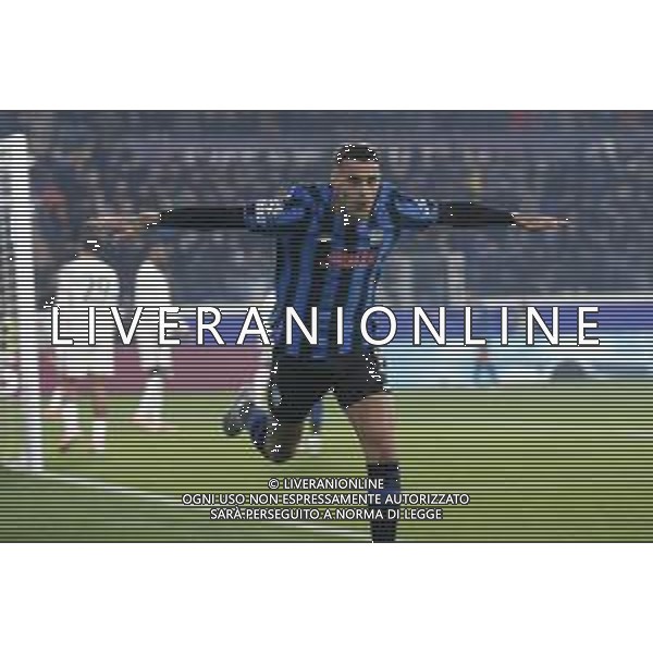 Gianluca Scamacca of Atalanta BC celebrates after scoring goal during Atalanta BC vs Chelsea FC, Champions League 2025-26 League phase, Matchday 6°, game at New Balance Arena in Bergamo (BG), Italy, on Dicember 09, 2025. (Photo by Davide Casentini)- AGENZIA ALDO LIVERANI SAS