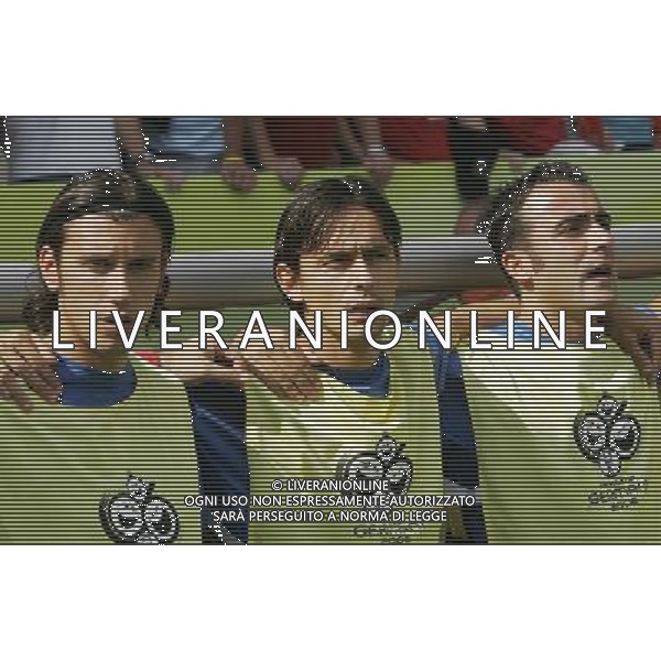 Italia - Australia mondiali Germania 26/06/2006 nella foto christian zaccardo con filippo inzaghi e simone barone in panchina durante l\'inno nazionale ph luzzani/ag. aldo liverani