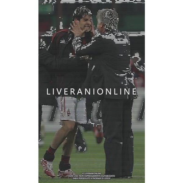 Milan - Manchester United Semifinale di ritorno di Champions League 02/05/2007 nella foto esultanza a fine gara di carlo ancelotti con kaka per la vittoria e il passaggio in finale ph andry/ag. aldo liverani