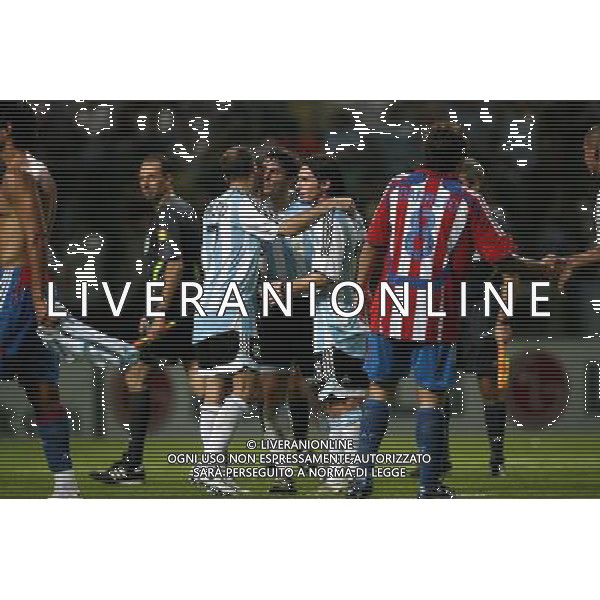COPPA AMERICA VENEZUELA 2007 INTERNATIONAL FOOTBALL 05/07/2007 ARGENTINA - PARAGUAY (Stadium Metropolitano Barquisimeto ) NELLA FOTO ESULTANZA DI RODRIGO PALACIO / JAVIER ZANETTI / LIONEL MESSI (Arge) CHE FESTEGGIANO LA VITTORIA ALLA FINE DELLA PARTITA PH GPG/AG. ALDO LIVERANI 