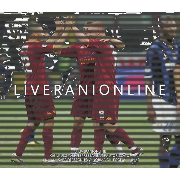 Milano 19 agosto 2007 Inter-Roma Supercoppa Italiana 2007 nella foto: esultanza a fine gara di De Rossi Daniele con Tonetto Max e Rosi Aleandro foto Andry / Ag. Aldo Liverani