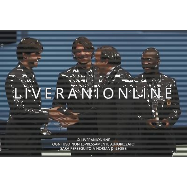 Sorteggio Champions League Monaco Montecarlo 30/08/2007 nella foto i premiati kaka\', clarence seedorf, paolo maldini con Michel Platini ph Luzzani/Ag. Aldo Liverani Sas