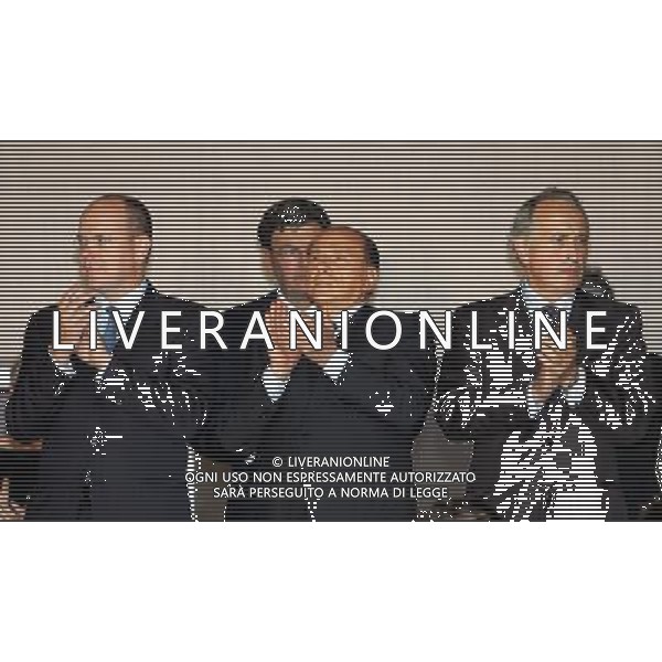 Milan - Siviglia SuperCoppa Europea Monaco Montecarlo 31/08/2007 Premiazione e festeggiamenti dei giocatori del Milan vincitori della Coppa nella foto Silvio Berlusconi con il Principe Alberto di Monaco e Giancarlo Abete ph Ag. Aldo liverani