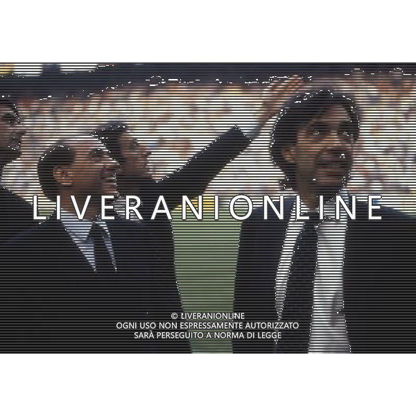 il Presidente Silvio Berlusconi con Massimo Moratti e Luca Cordero di Montezemolo allo Stadio Meazza di San Siro di Milano 1990 ph archivio ag. Aldo Liverani sas