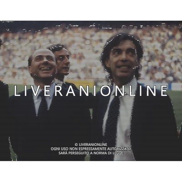 il Presidente Silvio Berlusconi con Massimo Moratti e Luca Cordero di Montezemolo allo Stadio Meazza di San Siro di Milano 1990 ph archivio ag. Aldo Liverani sas