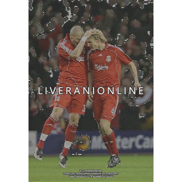 Martin Skertel of Liverpool celebrates with Sami Hyypia of Liverpool after he scores the equalising gol 1-1,Liverpool v Arsenal, UEFA Champions League, Quarter Final, L2, Anfield, Liverpool, Date 08/04/2008 Picture by Marc Atkins(IPS PHOTO AGENCY)/Ag. Aldo Liverani sas - ONLY ITALY -