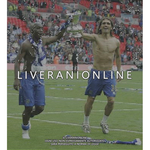 Portsmouth\'s French footballer Lassana Diarra and Portsmouth Portugese footballer Pedro Mendes during celebrations, 0-1 , Cardiff City v Portsmouth, FA Cup Final, Wembley Stadium, London , Date 170508, Picture by Ian Kington mobile 07884001265, (IPS PHOTO AGENCY) - 21 Delisle road - London SE28 0JD- tel: 020 88 55 1 008 - fax: 020 88 55 1037 - ISDN: 020 88 55 1039 English Premier and Football League images are only to be used in an editorial context, images are not allowed to be published on another internet site unless a licence has been obtained from DataCo Ltd +44 207 864 9121. AG ALDO LIVERANI 