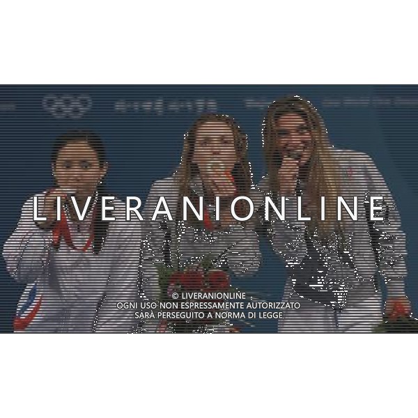 Pechino 11-08-2008 Giochi Olimpici Pechino Beijing 2008 fioretto donne individuale nella foto il podio olimpico con da sx Hyunhee nam (COR), valentina vezzali (ITA) e margherita granbassi (ita) ph marco luzzani/ag aldo liverani s.a.s.