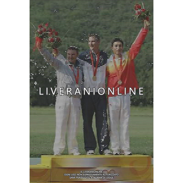 Pechino 12-08-2008 Giochi Olimpici Pechino Beijing 2008 tiro double trap nella foto il podio olimpico eller walton (USA) oro, d\'aniello francesco (ITA) argento e Hu binyuan (CHI) bronzo ph marco luzzani/ag aldo liverani s.a.s.