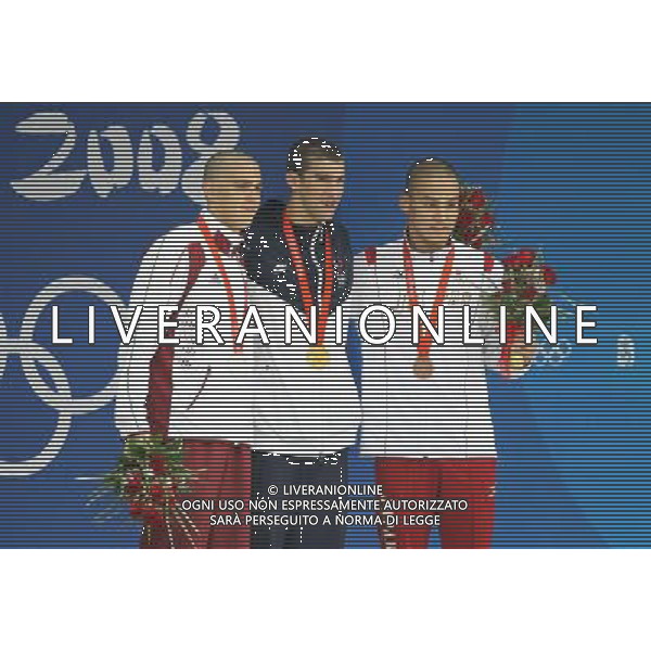 Pechino 13-08-2008 Giochi Olimpici Pechino Beijing 2008 finali nuoto nella foto phelps michael (USA) oro 200m farfalla, cseh laslo (HUN) argento e matsuda takeshi (JPN) bronzo ph marco luzzani/ag aldo liverani s.a.s.
