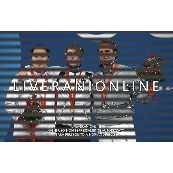 Pechino -08-2008 Giochi Olimpici Pechino Beijing 2008 finali scherma nella foto il podio olimpico con sanzo salvatore (ITA) bronzo, ota yuki (JPN) argento e kleibrik benjamin philip (GER) oro ph marco luzzani/ag aldo liverani s.a.s. 