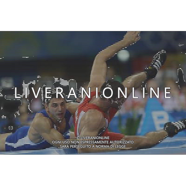 Pechino 14-08-2008 Giochi Olimpici Pechino Beijing 2008 lotta greco romana 84 kg nella foto andrea minguzzi (ITA) oro e fodor zoltan (HUN) nel momento della vittoria ph marco luzzani/ag aldo liverani s.a.s.