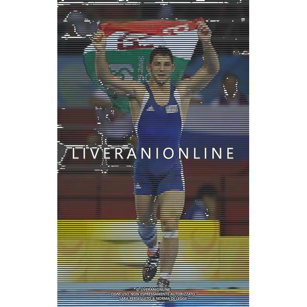 Pechino 14-08-2008 Giochi Olimpici Pechino Beijing 2008 lotta greco romana 84 kg nella foto andrea minguzzi (ITA) oro esulta dopo la vittoria ph marco luzzani/ag aldo liverani s.a.s.