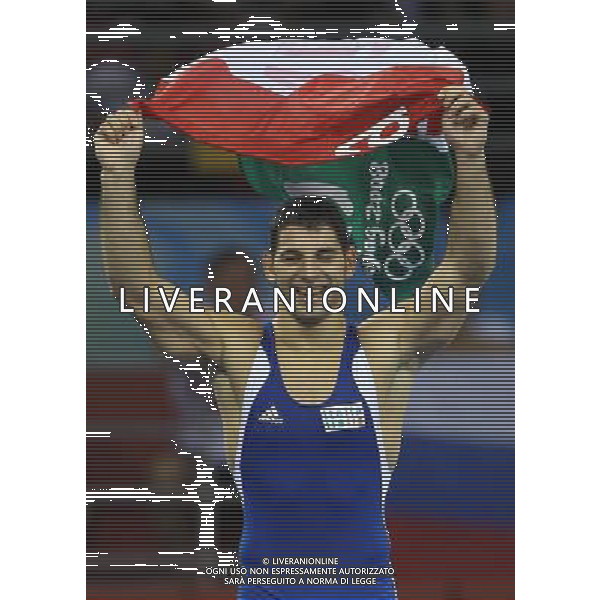 Pechino 14-08-2008 Giochi Olimpici Pechino Beijing 2008 lotta greco romana 84 kg nella foto andrea minguzzi (ITA) oro esulta dopo la vittoria ph marco luzzani/ag aldo liverani s.a.s.