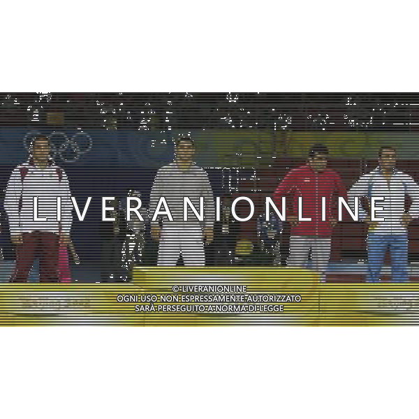 Pechino 14-08-2008 Giochi Olimpici Pechino Beijing 2008 lotta greco romana 84 kg nella foto Andrea Minguzzi (ITA) oro, Zoltan Fodor (HUN) argento e bronzo a nazmi avluca (TUR) bronzo a pari merito con ara abrahamian (SWE) che lascierà polemicamente il podio ph marco luzzani/ag aldo liverani s.a.s.