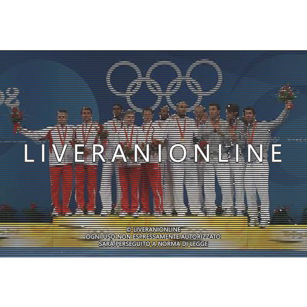 Pechino -08-2008 Giochi Olimpici Pechino Beijing 2008 scherma a squadre nella foto il podio oro francia, argento polonia e bronzo italia ph marco luzzani/ag aldo liverani s.a.s.