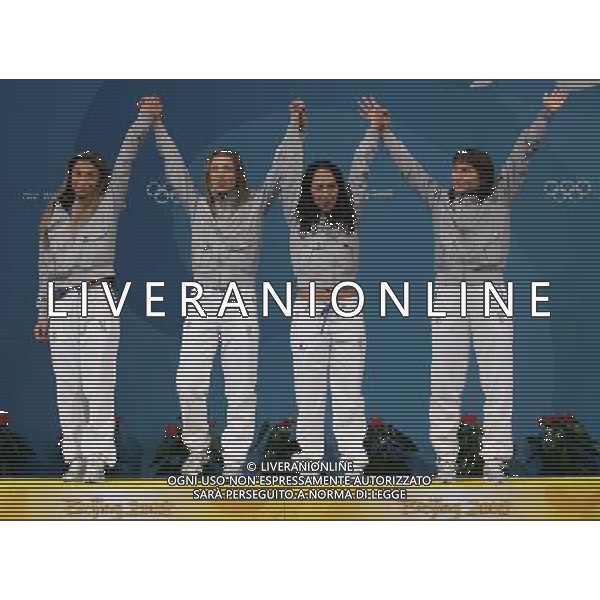 Pechino -08-2008 Giochi Olimpici Pechino Beijing 2008 fioretto squadre femminile nella foto da sx margherita granbassi, valentina vezzali, ilaria salvadori e giovanna trillini (ITA) bronzo ph marco luzzani/ag aldo liverani s.a.s.