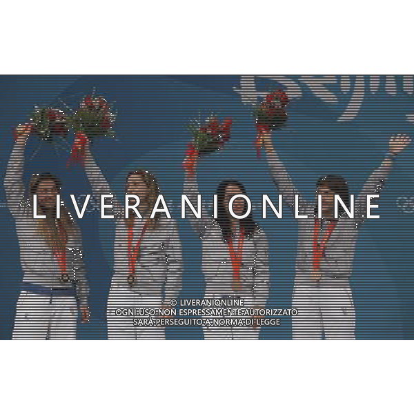 Pechino -08-2008 Giochi Olimpici Pechino Beijing 2008 fioretto squadre femminile nella foto da sx margherita granbassi, valentina vezzali, ilaria salvadori e giovanna trillini (ITA) bronzo ph marco luzzani/ag aldo liverani s.a.s.
