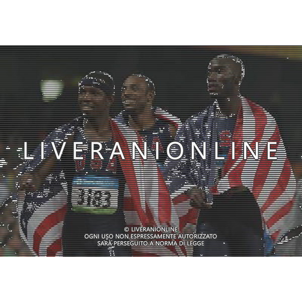 Pechino 18-08-2008 Giochi Olimpici Pechino Beijing 2008 atletica stadio olimpico nella foto angelo taylor (USA) oro, clement kerron (USA) argento e jackson Bershawn (USA) bronzo ph marco luzzani/ag aldo liverani s.a.s.