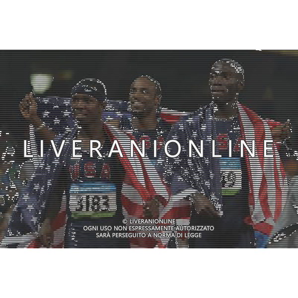 Pechino 18-08-2008 Giochi Olimpici Pechino Beijing 2008 atletica stadio olimpico nella foto angelo taylor (USA) oro, clement kerron (USA) argento e jackson Bershawn (USA) bronzo ph marco luzzani/ag aldo liverani s.a.s.