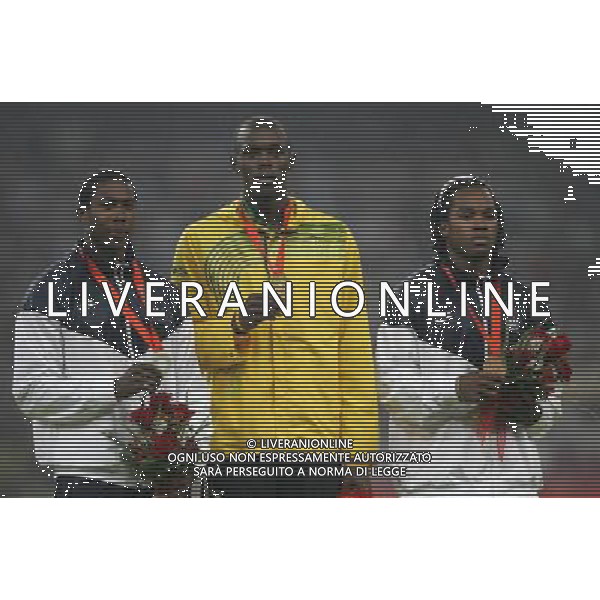 Pechino -08-2008 Giochi Olimpici Pechino Beijing 2008 premiazione 200 m maschili nella foto usain bolt (JAM) oro, dix walter (USA) bronzo e shawn crawford (JAM) argento ph marco luzzani/ag aldo liverani s.a.s.