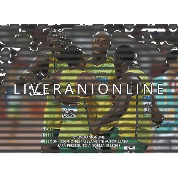 Pechino -08-2008 Giochi Olimpici Pechino Beijing 2008 finali atletica nella foto asafa powell, e usain bolt (JAM) oro e record del mondo nella staffetta 4 x 100 m uomini ph marco luzzani/ag aldo liverani s.a.s.
