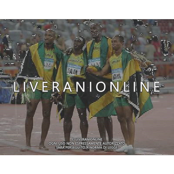 Pechino -08-2008 Giochi Olimpici Pechino Beijing 2008 finali atletica nella foto asafa powell, usain bolt, frater michael e carter nesta (JAM) oro e record del mondo nella staffetta 4 x 100 m uomini ph marco luzzani/ag aldo liverani s.a.s.