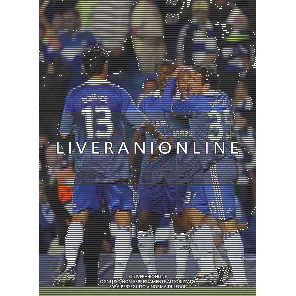 Nicolas Anelka (C) of Chelsea celebrates scoring the 4th goal with Michael Ballack of Chelsea (L) \' Juliano Belletti of Chelsea - Chelsea FC v FC Bordeaux, UEFA Champions League Group A, Matchday 1, Stamford Bridge, London, Date 16/09/2008. Picture by IPS PHOTO AGENCY/Ag. Aldo Liverani Sas - ITALY ONLY -