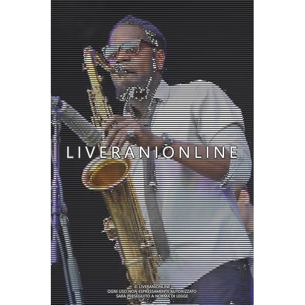 Love Supreme Jazz Festival at Glynde near Lewes, East Sussex. Soweto Kinch jazz alto saxophonist and rapper performs on the main stage. /AGENZIA ALDO LIVERANI SAS-ITALY ONLY - EDITORIAL USE ONLY