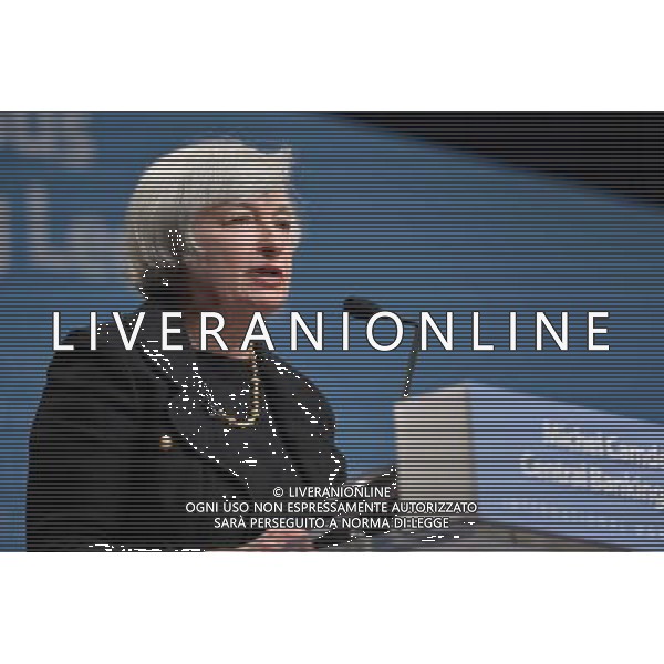 (140702) -- WASHINGTON D.C., July 2, 2014 () -- U.S. Federal Reserve Chair Janet Yellen speaks at the headquarters of the IMF in Washington D.C., capital of the United States, July 2, 2014. U.S. Federal Reserve Chair Janet Yellen said Wednesday that she didn\'t see the need for the central bank to change current monetary policy in order to address financial stability concerns, although she acknowledged \'pockets of increased risk-taking\' in the financial system. (/Bao Dandan) AG ALDO LIVERANI SAS ONLY ITALY