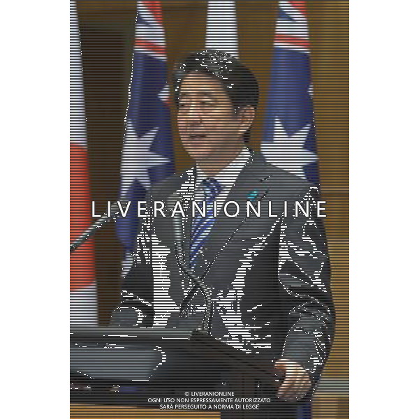 (140708) -- CANBERRA, July 8, 2014 () -- Japanese Prime Minister Shinzo Abe speaks during a joint press conference with Australian Prime Minister Tony Abbott in Canberra, Australia, July 8, 2014. (/Xu haijing) (lyi) AG ALDO LIVERANI SAS ONLY ITALY