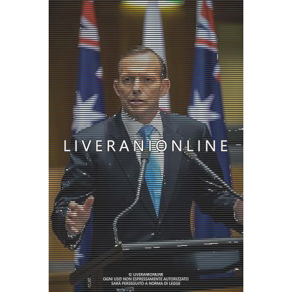 (140708) -- CANBERRA, July 8, 2014 () -- Australian Prime Minister Tony Abbott speaks during a joint press conference with Visiting Japanese Prime Minister Shinzo Abe in Canberra, Australia, July 8, 2014. (/Xu haijing) (lyi) AG ALDO LIVERANI SAS ONLY ITALY