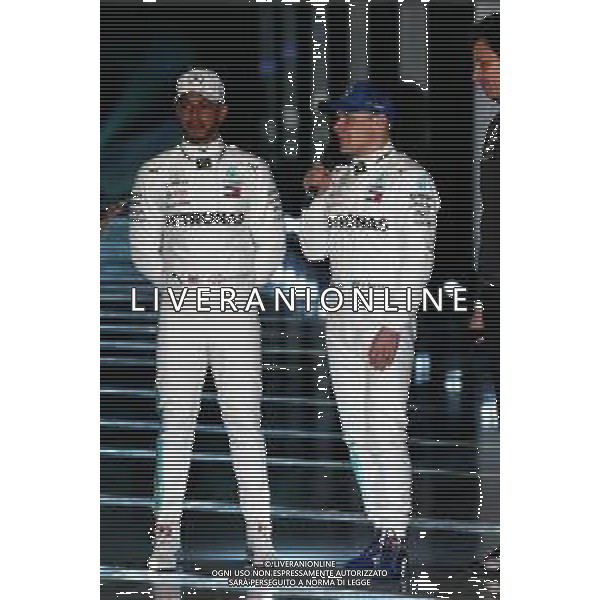 (L to R): Lewis Hamilton (GBR) Mercedes AMG F1 with team mate Valtteri Bottas (FIN) Mercedes AMG F1. 22.02.2018. Mercedes AMG F1 W09 Launch, Silverstone, England. / AGENZIA ALDO LIVERANI SAS - ITALY ONLY EDITORIAL USE ONLY